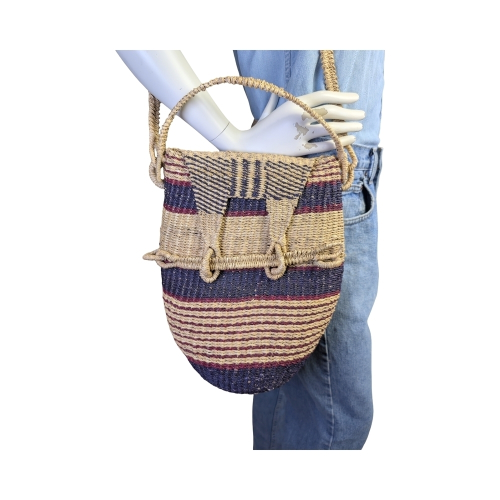 Vintage Handwoven Straw Crossbody Bucket Bag w/ Loop Latch Closure Purse